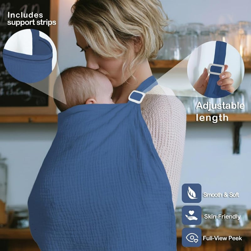 MUGVELL Muslin Nursing Covers for Breastfeeding, Arch Neckline Breast Feeding Covers for Women, Moms Privacy Breathable Summer Nursing Apron, 43.3" x 25.6" Soft Feeding Cover (Misty Blue) - Image 4